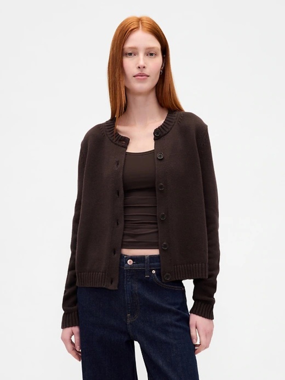 Gap 100% Cotton Crewneck Cardigan Espresso Oversized Chunky Knit Fall Winter SP